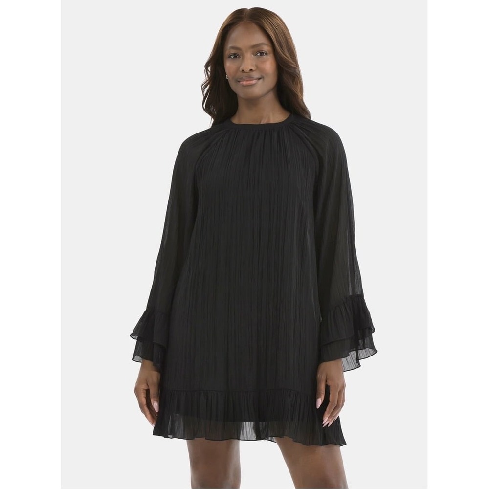 (A8) Time and Tru Black Pleated Chiffon Ruffle Shift Dress XL 16-18 Tie Back